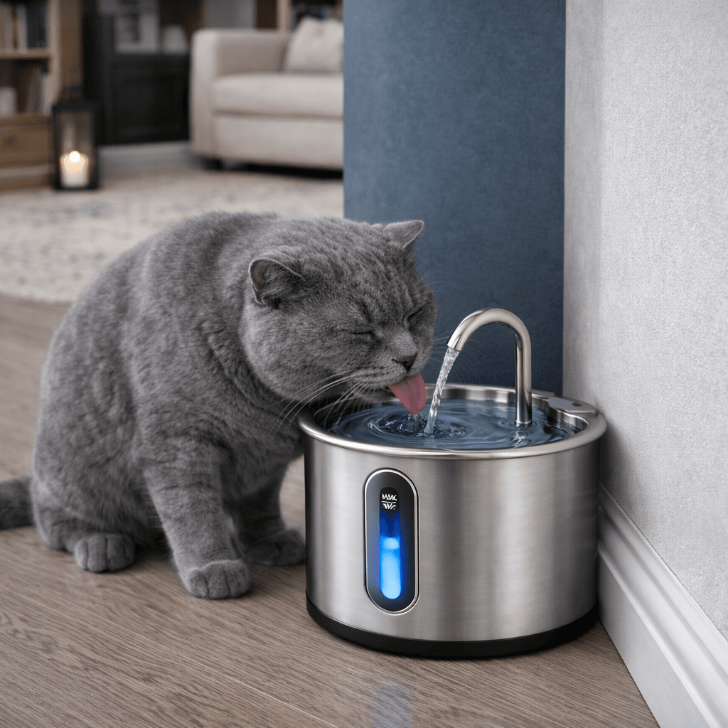 Stainless Steel Cat Water Fountain 2.2L – Automatic, Ultra Quiet Pet Water Dispenser with Filter & LED