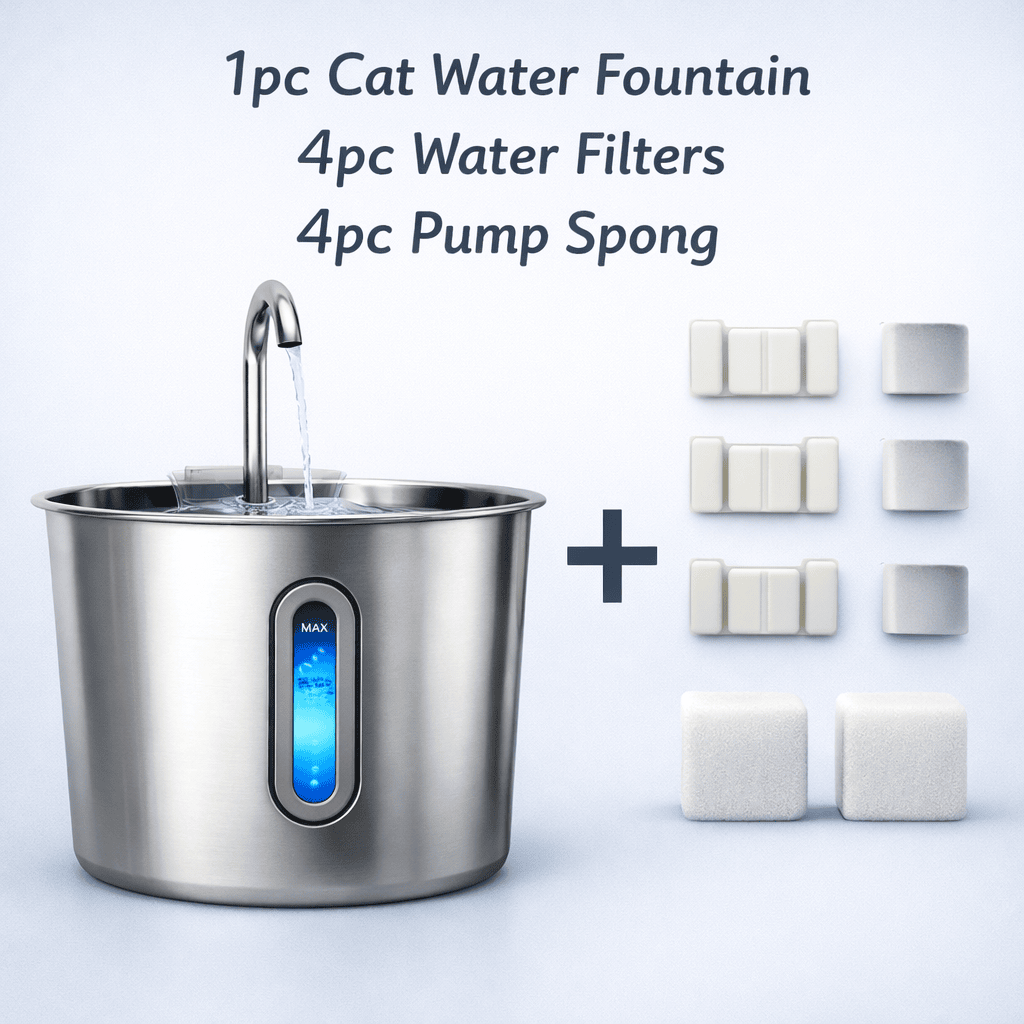 Stainless Steel Cat Water Fountain 2.2L – Automatic, Ultra Quiet Pet Water Dispenser with Filter & LED