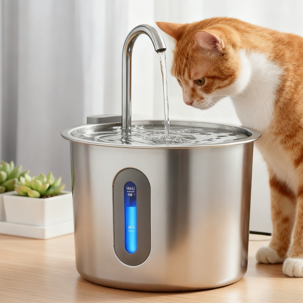 Stainless Steel Cat Water Fountain 2.2L – Automatic, Ultra Quiet Pet Water Dispenser with Filter & LED